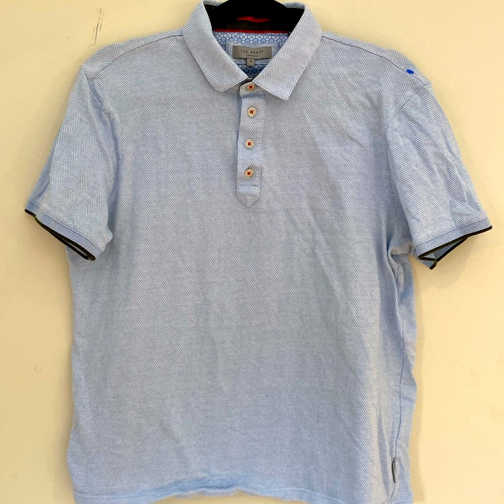 Ted Baker blue herringbone knit polo w/silver buttons & rib knit cuffs Sz 4/L